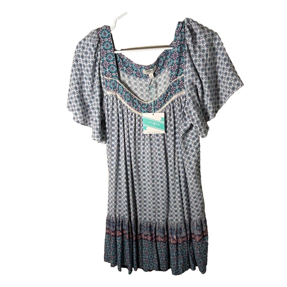Umgee Dress Women's Medium Square Neck Blue Short Sleeve Shift Casual Boho